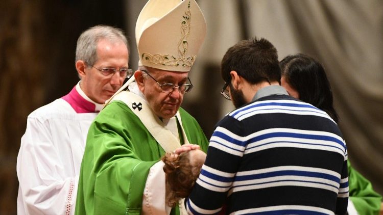 Pope Francis and Msgr. Guido Marini (behind Pope) at the Mass of the first World Day of the Poor, 19 Nov. 2017. 