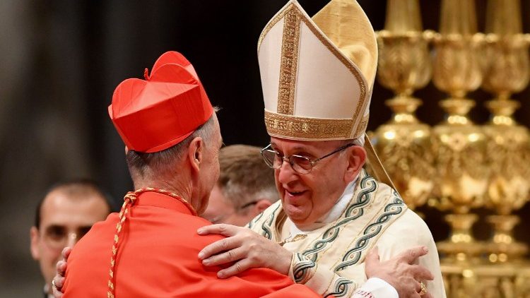 Pope Francis embracing a cardinal at a recent consistory