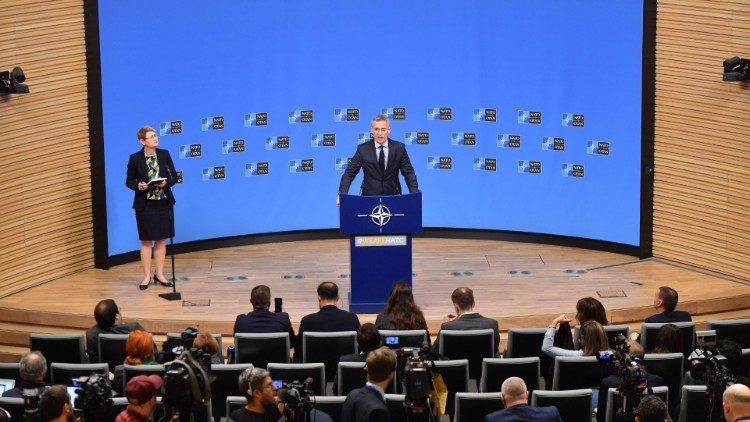 The NATO Secretary General addresses a press conference ahead of a NATO defence ministerial meeting