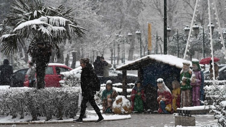 Nativity scene under snow in northern Greece