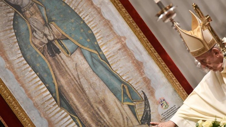 File photo of Pope Francis blessing a copy of "Our Lady of Guadalupe"