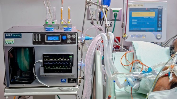 A ventilator being tested on a person. 