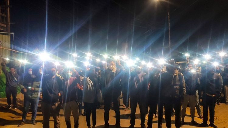 A Facebook image of protesters using mobile phone torches in Hakha town, Myanmar, against the military. 