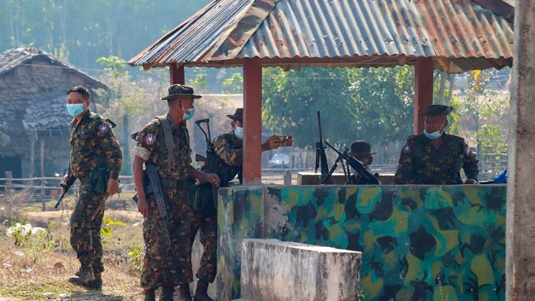 Myanmar soldiers at an outpost in a vilalge in Karen state. 