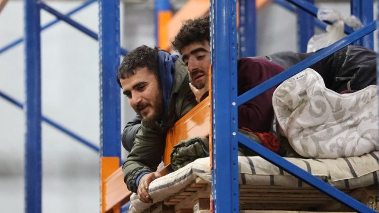 Migrants stay in a center near the Belarus-Polish border