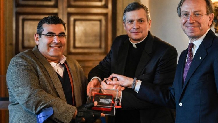 Michael Haddad (L) with Msgr. Lucio Ruiz of the Dicastery for Communication, and Pietro Sabastiani, Italian Ambassador to the Holy See
