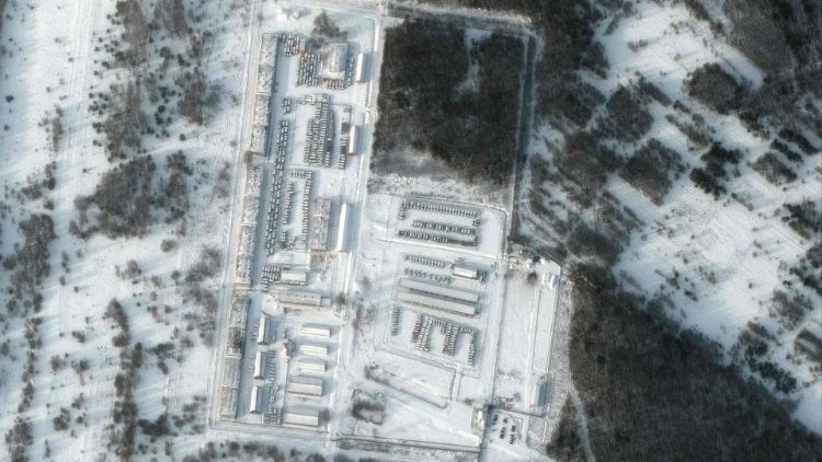 A satellite image shows Russian military equipment deployed to Klimovo, 13 km north of the Russia/Ukraine border