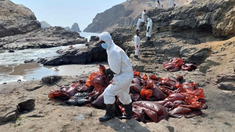 Des équipes au travail pour nettoyer les plages souillées par la marée noire.