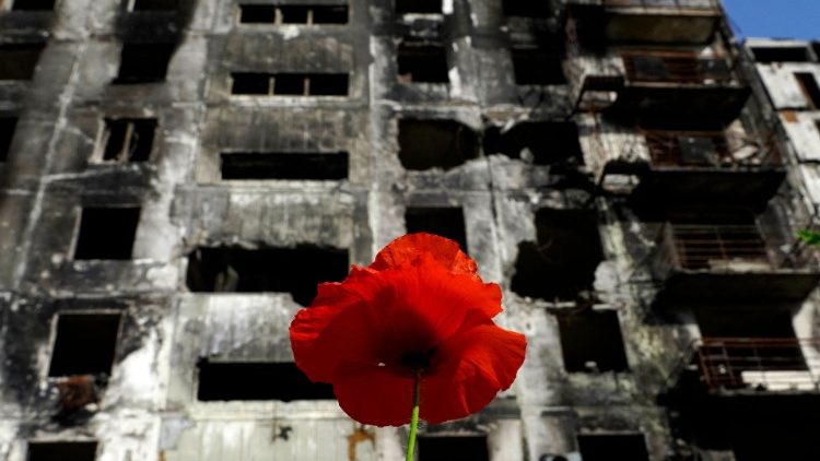 Uma flor de papoula vermelha em frente a um prédio residencial destruído em Mariupol em 31 de maio de 2022, em meio à ação militar em andamento na Ucrânia. (Foto por STRINGER/AFP)