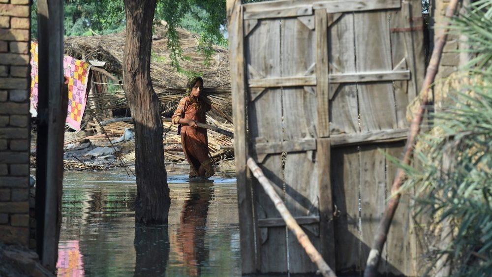 Uma mulher afetada por enchentes carrega lenha em sua casa inundada após fortes chuvas de monção em Shikarpur, na província de Sindh, em 30 de agosto de 2022. - Os esforços de ajuda aumentaram no Paquistão inundado em 30 de agosto para ajudar dezenas de milhões de pessoas afetadas pelas implacáveis chuvas submergiu um terço do país e custou mais de 1.100 vidas. (Foto de Asif HASSAN/AFP)