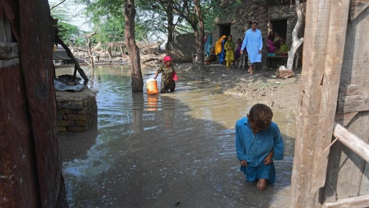 A boy wades in flood water near his home in Shikarpur, Pakistan