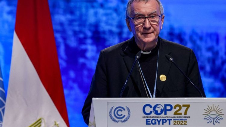 Le cardinal Pietro Parolin, lors de son allocution à la tribune de la COP27, le mardi 8 novembre 2022.