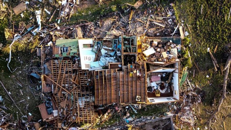 Aerial view of destruction caused by the tornado in the US state of Mississippi