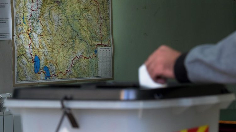 Map of Macedonia behind a voting station in the town of Skopje