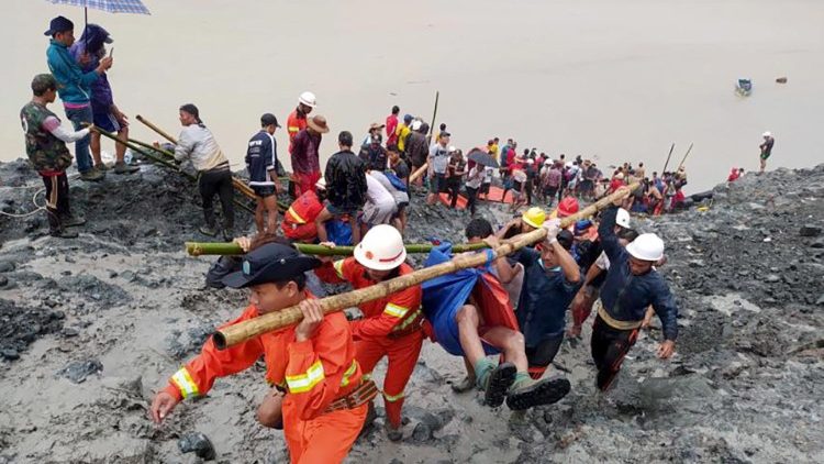 Rescue operation under way at a landslide in Myanmar's Kachin State on July 2, 2020. 