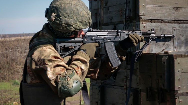 Russian conscripted men attend a military training in Donetsk