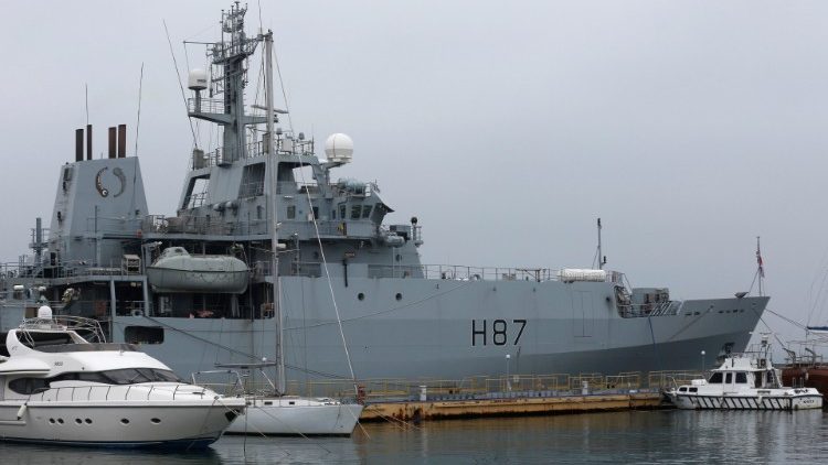 A British Royal Navy ship, HMS Echo, is docked in Odessa