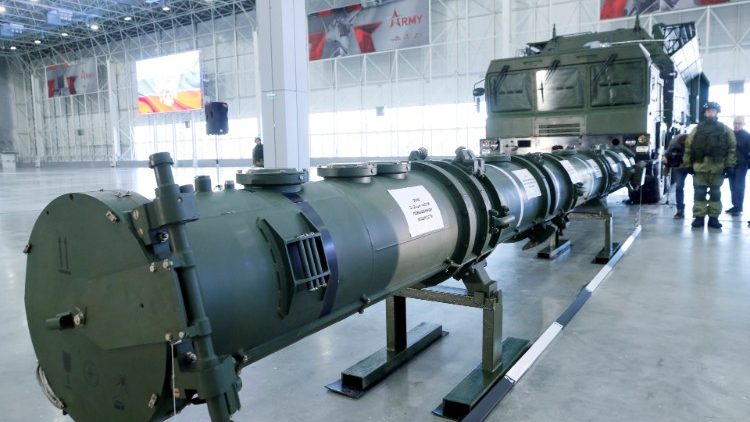 Components of cruise missile system on display during a news briefing in Russia