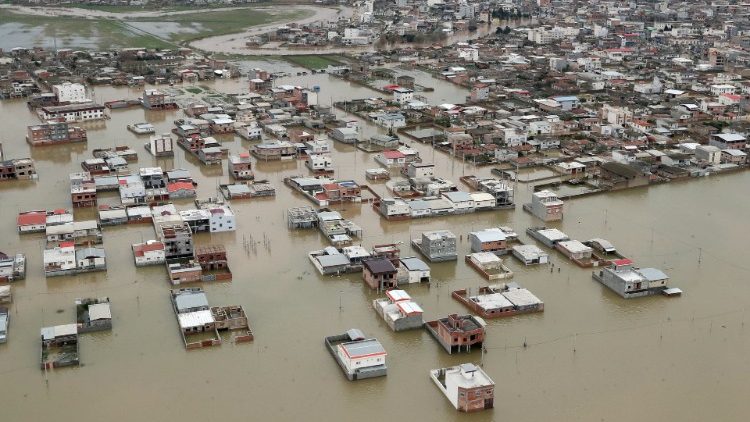 An aerial view of flooding in Iran's Golestan province