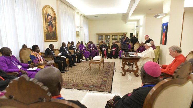Pope Francis attends a meeting at the end of a two day Spiritual retreat with South Sudan leaders at the Vatican