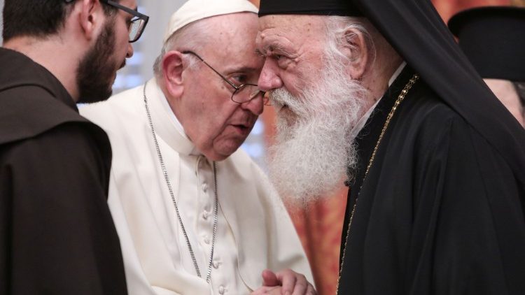 Pope Francis speaks with Greek Orthodox Archbishop Ieronymos II of Athens