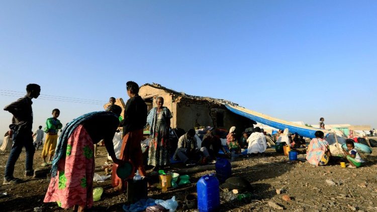 Displaced Ethiopians from Tigray region at a village near the Sudan border