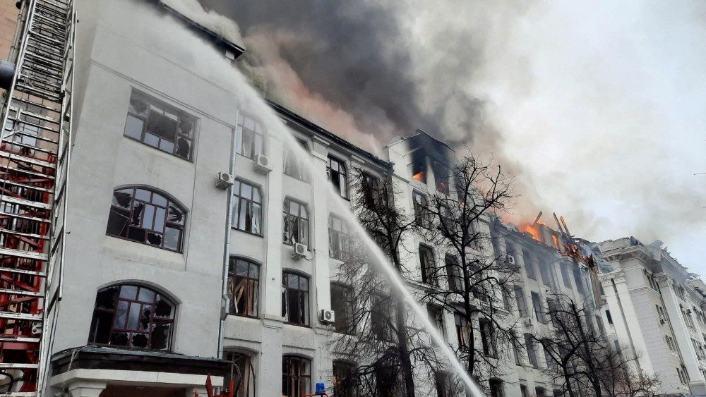 A view shows the area near the National University after shelling in Kharkiv, Ukraine, in this handout picture released March 2, 2022. Press service of the Ukrainian State Emergency Service