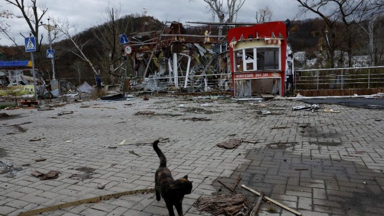 Um gato caminha diante do Mosteiro ortodoxo da Dormição em Svyatogorsk Lavra, Ucrânia, 31 de outubro de 2022. REUTERS/Clodagh Kilcoyne