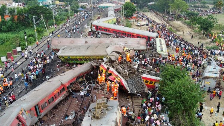 A drone view shows derailed coaches after trains collided in Balasore