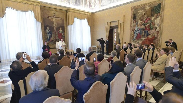 Pope Francis meeting members of Italy's Catholic Association of Community Cinema Hall Operators.