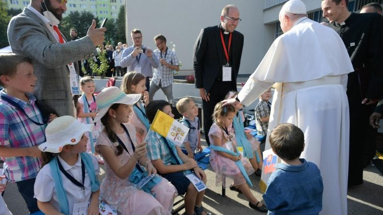 Pope Francis greets children at Bratislava's Bethlehem Center