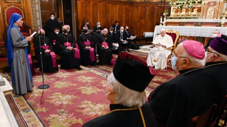 Pope Francis greets clerics, religious and catholic laypeople in Athens' Cathedral