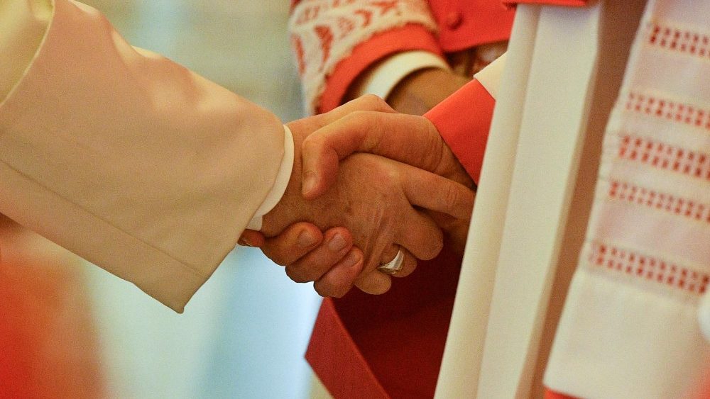  O Papa aperta a mão dos cardeais presentes no Consistório