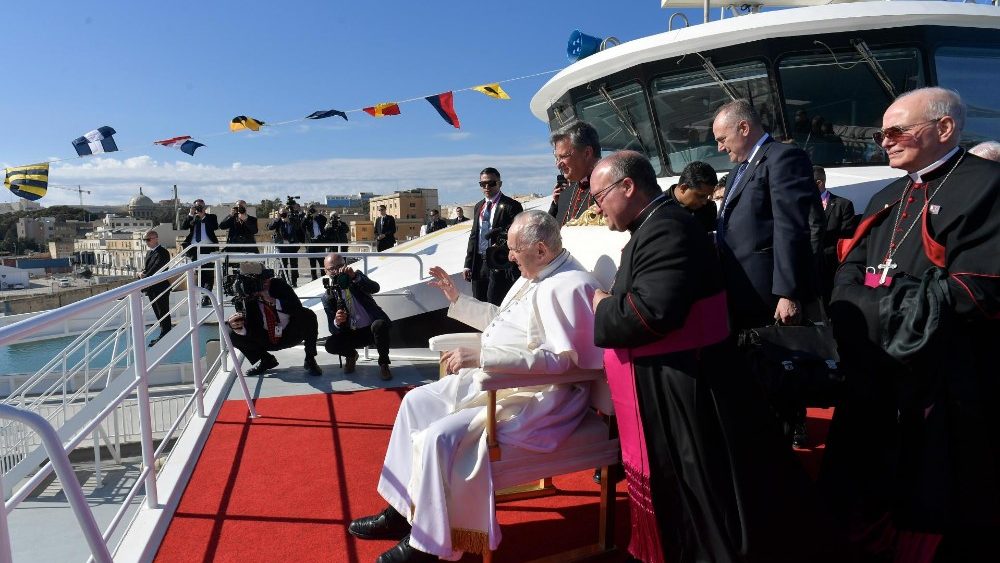 Pope Francis travels by boat from Malta to the nearby island Port of Gozo