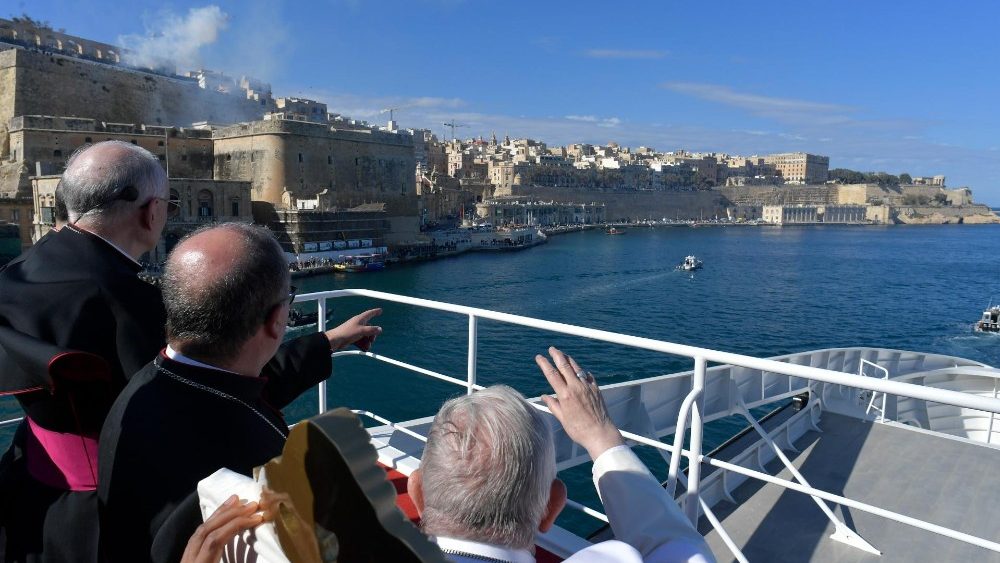 Pope Francis travels by boat from Malta to the nearby island Port of Gozo