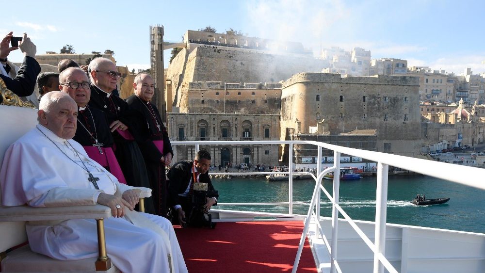 Pope Francis travels by boat from Malta to the nearby island Port of Gozo
