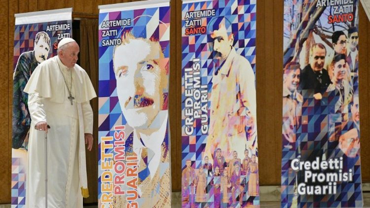 Pope Francis passes a display featuring Blessed - soon to be Saint - Artemide Zatti