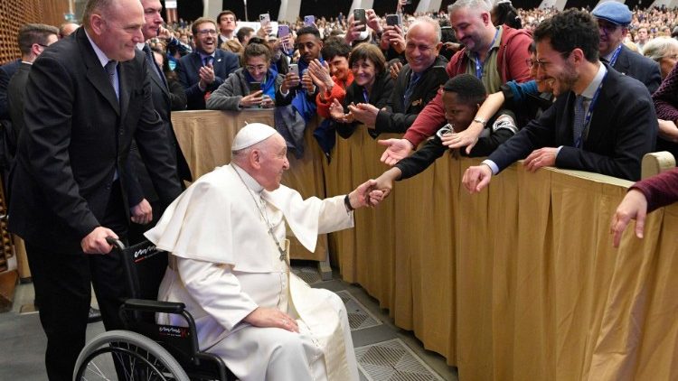 Pope Francis greets refugee families who arrived in Europe via Humanitarian Corridors