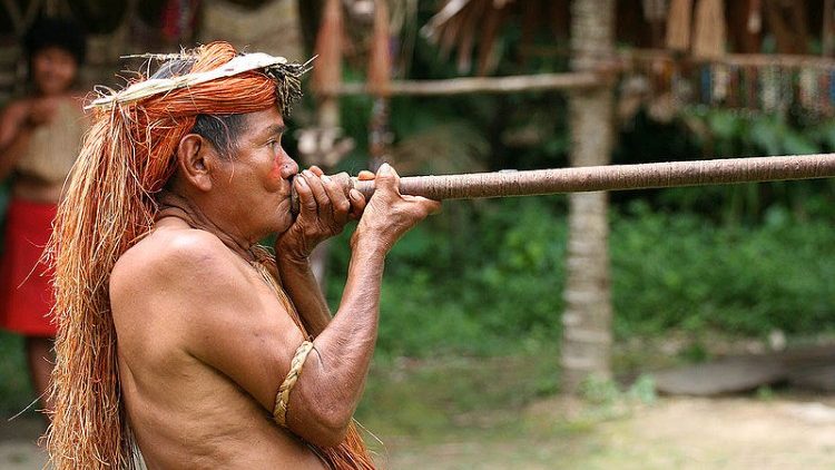 A Yagua tribeman demonstrating the use of blowgun, at one of the Amazonian islands near Iquitos, Peru