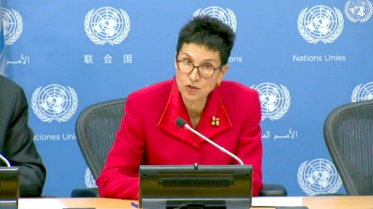 Ursula Mueller speaking to the media on April 17.