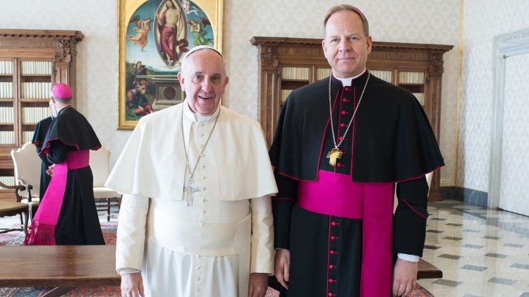 Pope Francis and Archbishop Gintaras Grusas of Vilnius, Lithuania, in the Vatican on February 2, 2015.
