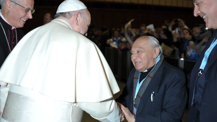 Pope Francis meeting Fr. Gustavo Gutierrez in the Vatican on November 22, 2014. 
