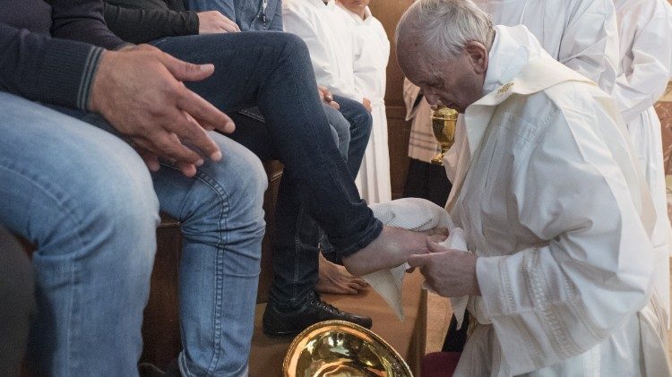 Pope Francis washing the feet of prisoners on Holy Thursday in Paliano, Italy, in 2017.