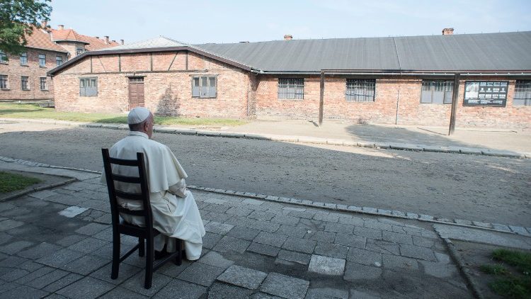 Pope Francis visiting the Auschwitz-Birkenau Nazi death camp.
