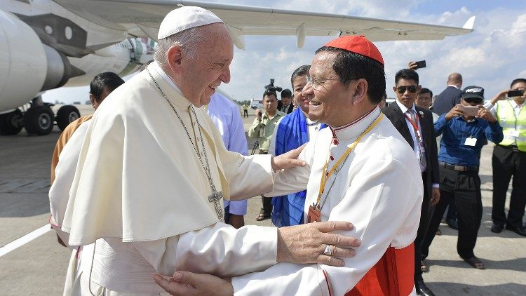 Pope Francis with Cardinal Charles Bo (L) in Myanmar in Nov. 2017. 