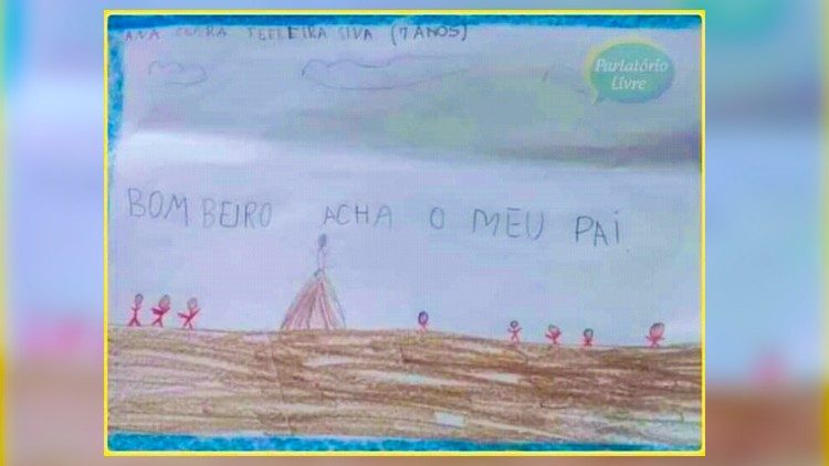 Das Bild eines 7-jährigen Mädchens, das seinen Vater vermisst. Der Text über dem Schlamm sagt: „Feuerwehrmann, finde meinen Vater“