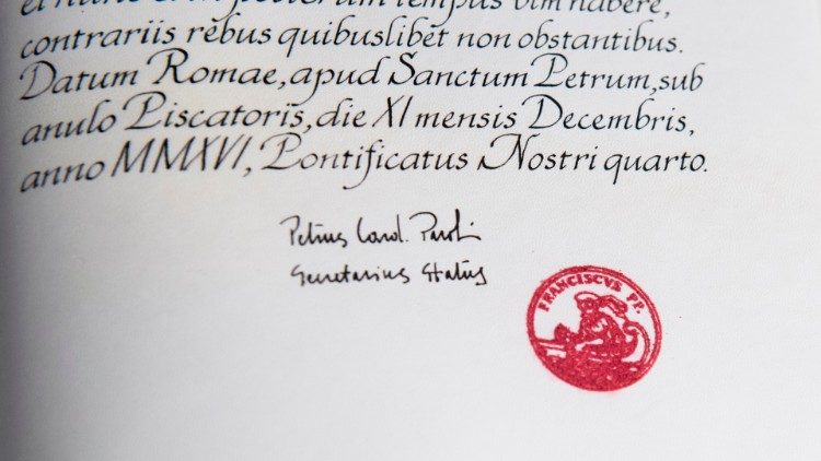 Breve di Beatificazione. Ultima pagina con firma del Cardinale Segretario di Stato e autentica con ‘Anello del Pescatore’