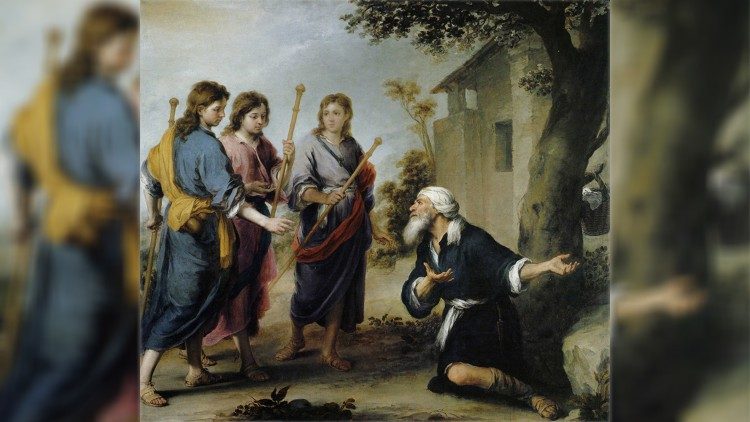 Visita de Deus a Abraão e Sara na pessoa de três homens. Representação: Abraão com os três anjos como hóspedes