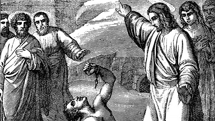 Historischer Stich: Jesus heilt einen Besessenen