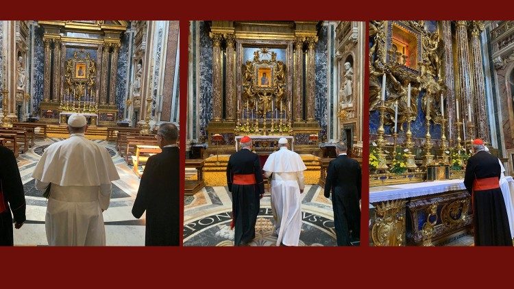 Pope Francis prays before the icon of Maria Salus Populi Romani